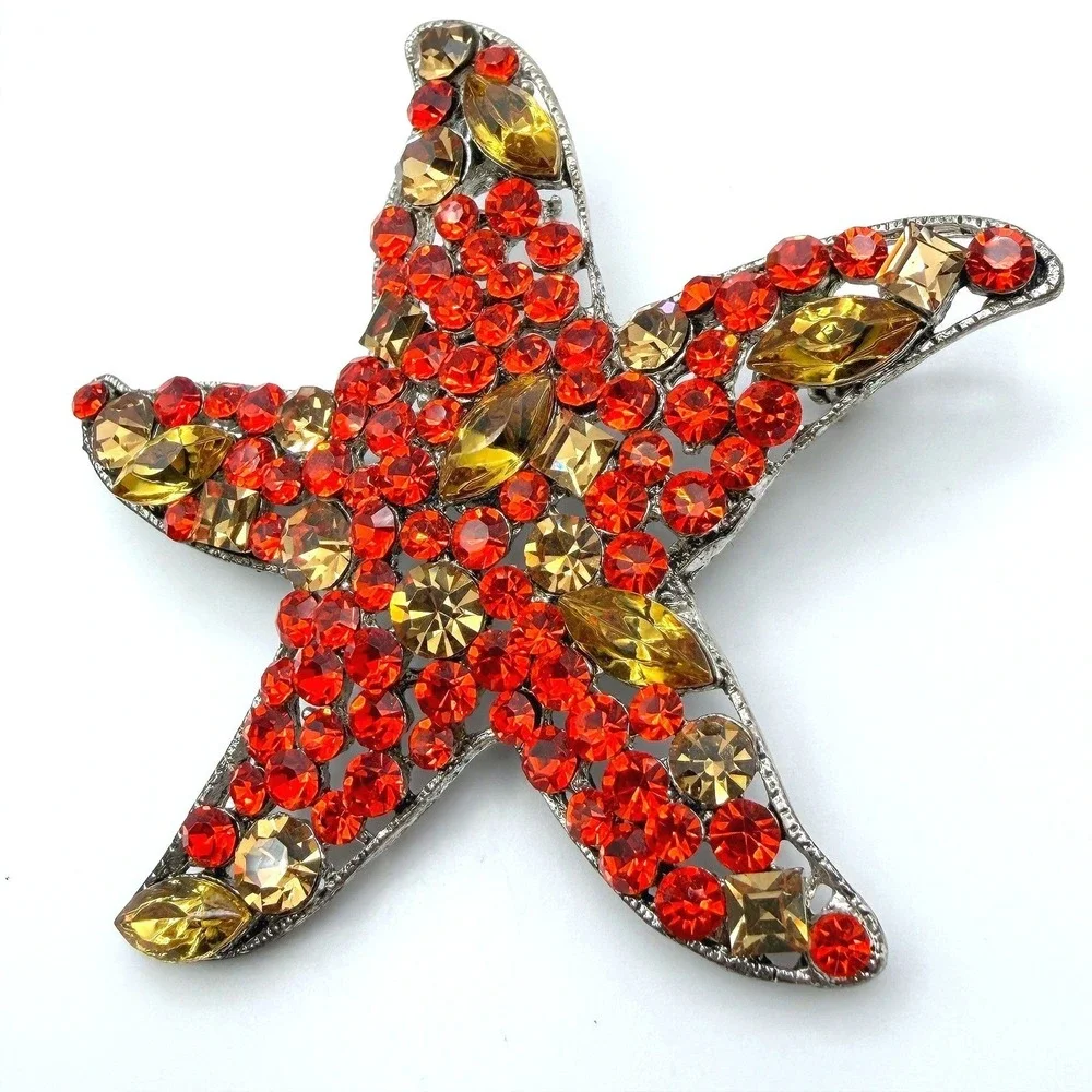 Vintage Red Yellow Rhinestones Silver-Tone‎ Aluminium Starfish-Shaped Brooch Pin